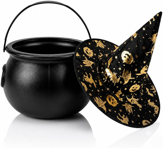 PMU 2 Pc Halloween Witch Cauldron Set – 8 Inch Black Cauldron Bowl & Witch Hat for Halloween Party Decorations, Tabletop & Home Décor