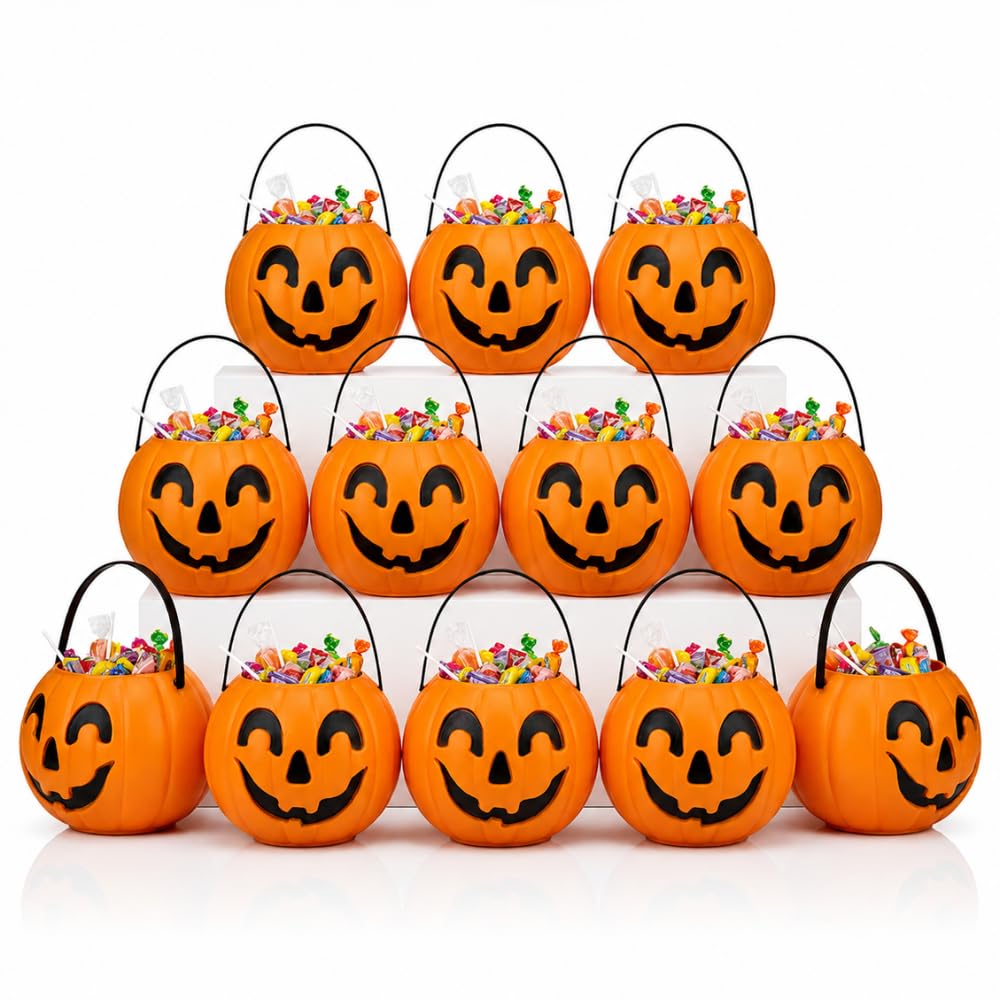 PMU Halloween Trick or Treat Jack-O-Lantern Carry Jack - Halloween Pumpkin Decorations - Candy Gift Basket for Kids - Pumpkin Bucket with Handles - 9 Inch w/Handle - Orange