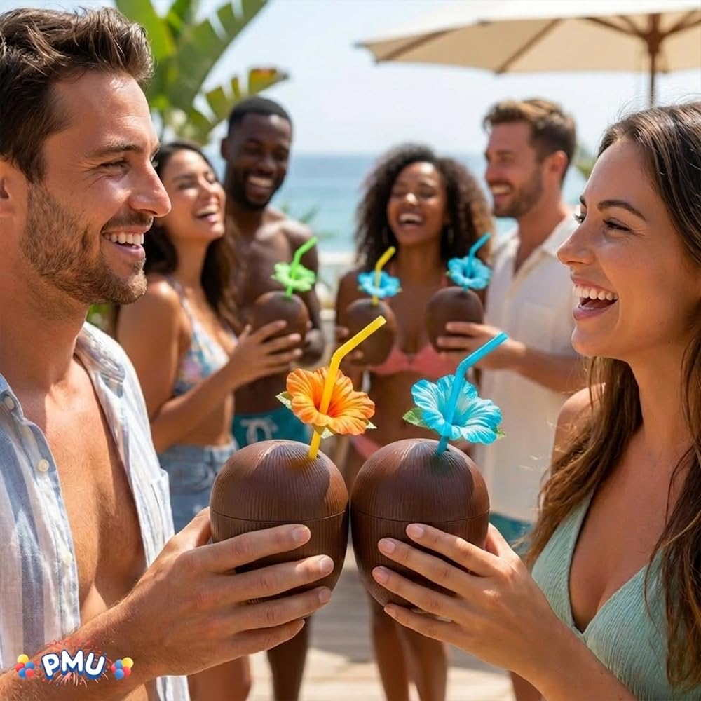 PMU Plastic Coconut & Pineapple Luau Cup with Flower, Luau Party Supplies, Hawaiian Party Decorations and Accessories