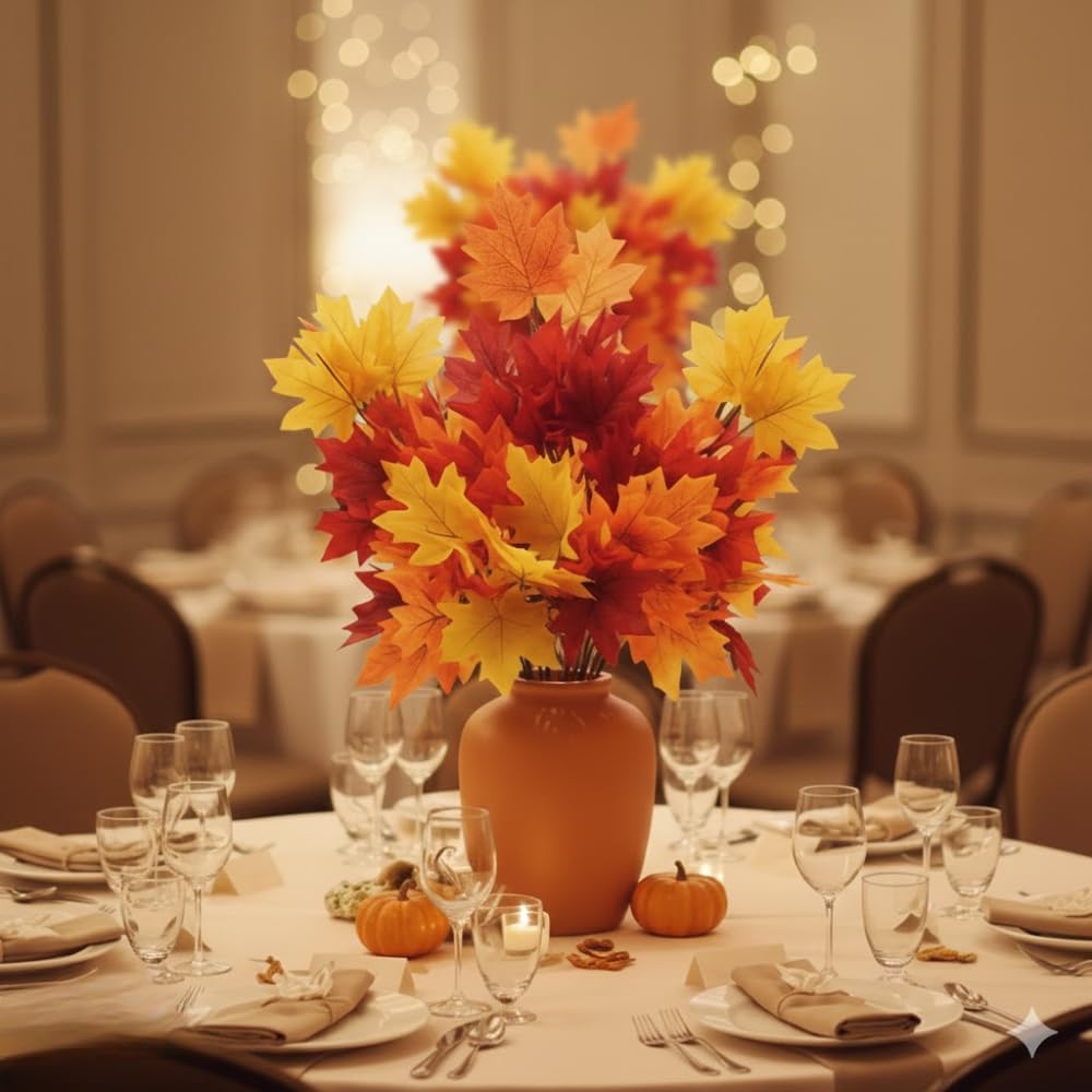 PMU Artificial Maple Leaves Branches, 12.5in Fake Fall Leaves for Thanksgiving Table Centerpieces Decoration 7 Leaves in Branch