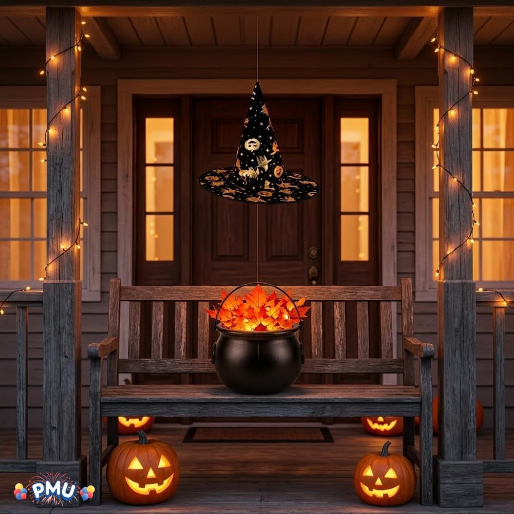 PMU 2 Pc Halloween Witch Cauldron Set – 8 Inch Black Cauldron Bowl & Witch Hat for Halloween Party Decorations, Tabletop & Home Décor