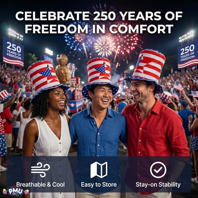 PMU Memorial Day Patriotic Stars & Stripes Top Hat - Red White & Blue Hair Accessory for Women & Men, 4th of July Decoration, Patriotic Accessories for Holidays Veterans & Independence Day