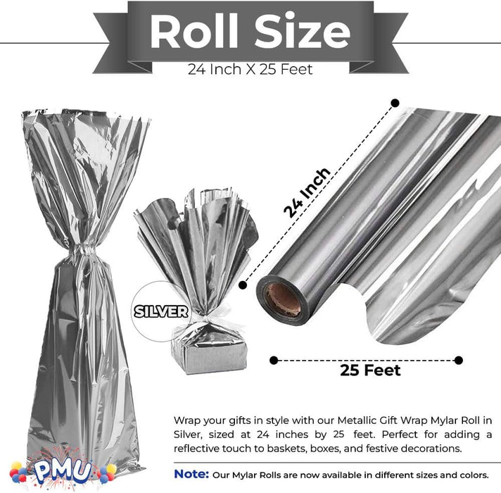 PMU Gift Wrap Mylar Roll - Highly Reflective Metallic Foil Paper - Perfect Wrapping Paper for Gifts, Baskets, Wedding, Birthday, Christmas, Arts & Crafts, Balloon Weights