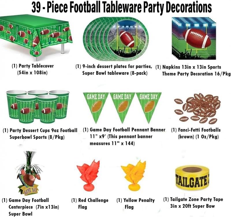PMU 39 Pcs Football Party Decorations Kit with Plates, Napkins, Cups, Football Centerpiece, Penalty Flag, Banner, Tailgate Zone Tape, Confetti & Tablecloths for Super Game Bowl Party Decoration