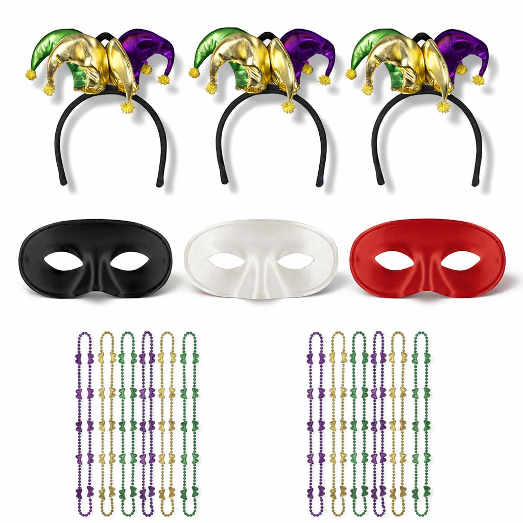 PMU Mardi Gras Party set Headband, Masks & Beads Festive Costume Set for Mardi Gras Themed Party