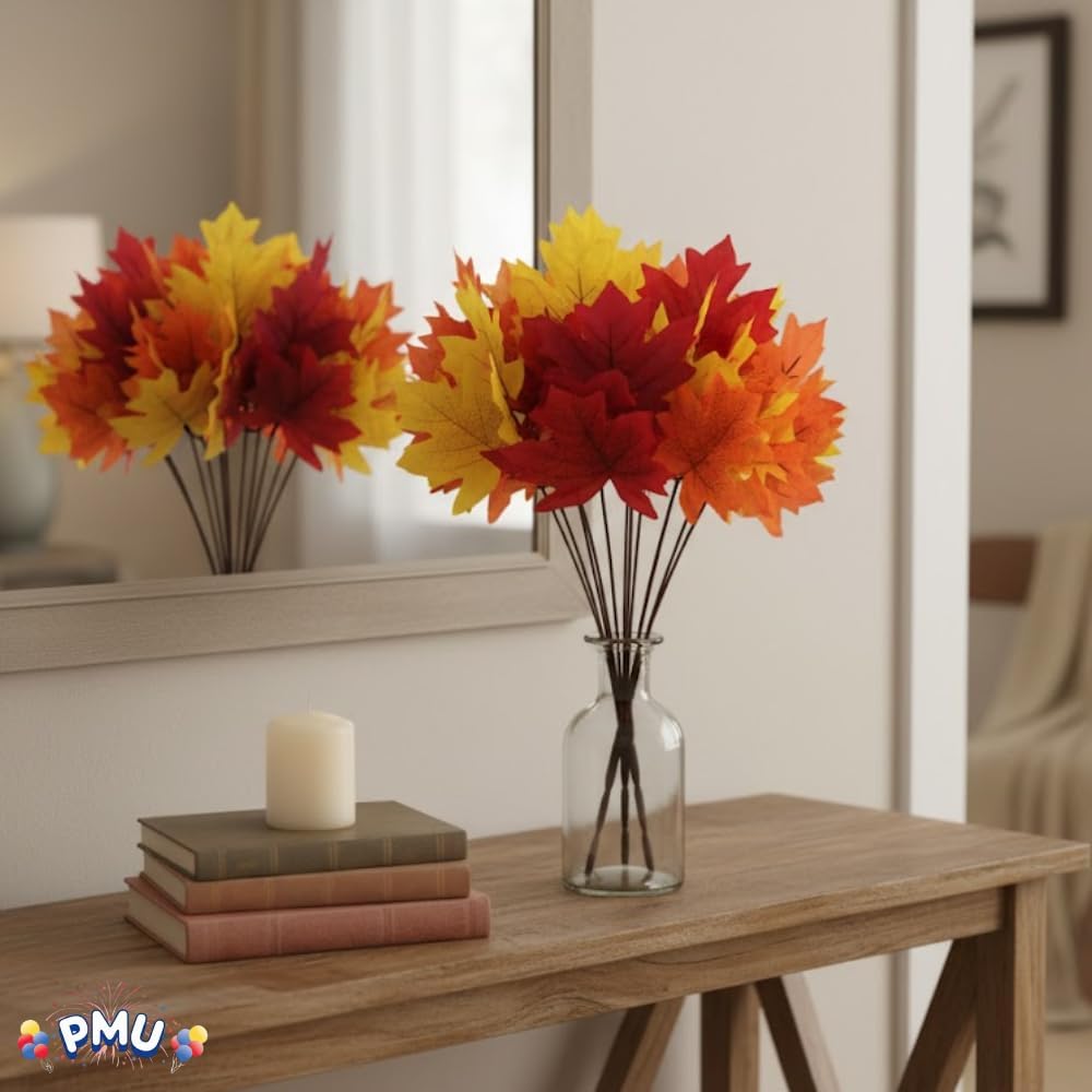 PMU Artificial Maple Leaves Branches, 12.5in Fake Fall Leaves for Thanksgiving Table Centerpieces Decoration 7 Leaves in Branch
