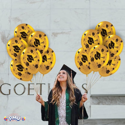 PMU Graduation Balloons | Premium Congrats Grad Balloon with All-Over Print Grad Caps-Confetti and Streamers | Graduation Party Supplies & Decorations | Latex Balloons