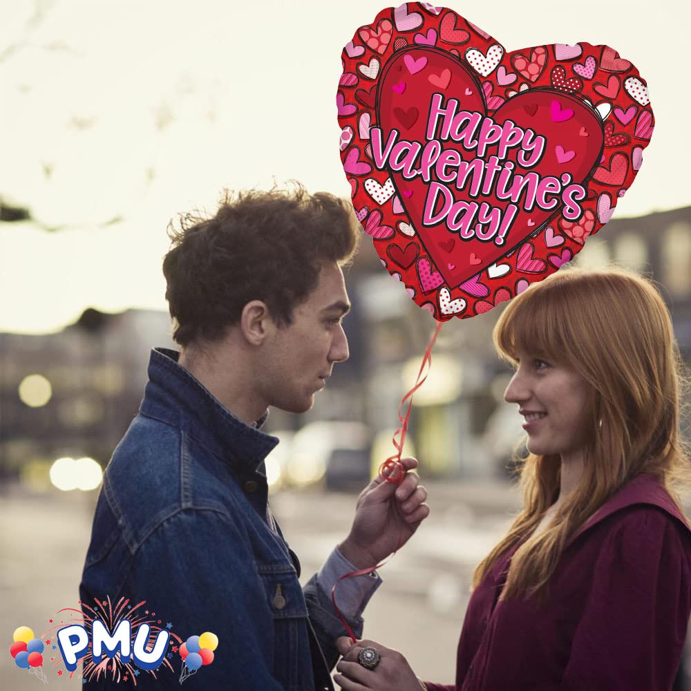 PMU Heart Shaped Happy Valentine's Day Balloons 18-Inch Mylar Idea Gift for Him or Her & Valentine Party Decorations