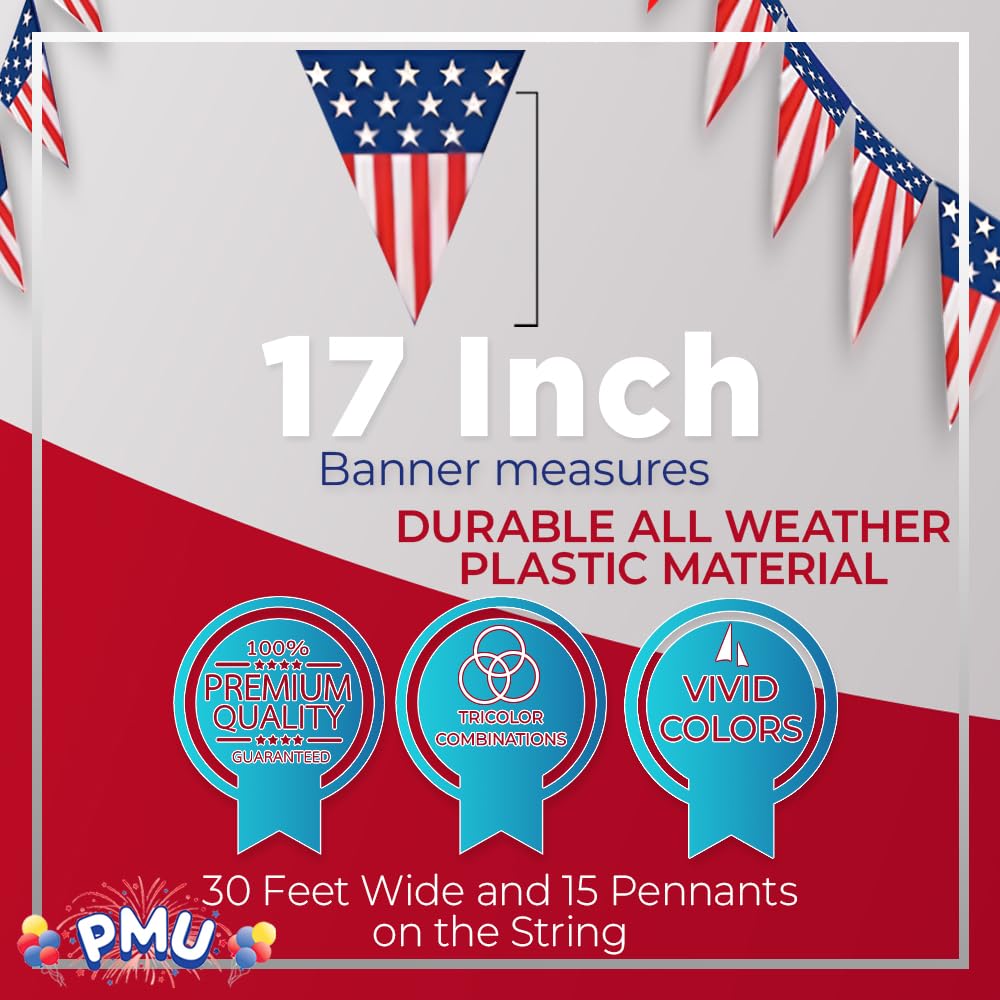 PMU Patriotic Outdoor Pennant Banner Red, White and Blue 17in. X 30ft