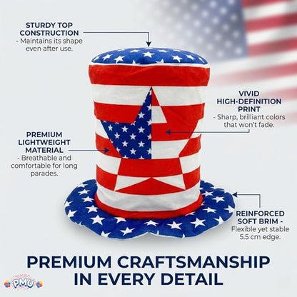 PMU Memorial Day Patriotic Stars & Stripes Top Hat - Red White & Blue Hair Accessory for Women & Men, 4th of July Decoration, Patriotic Accessories for Holidays Veterans & Independence Day