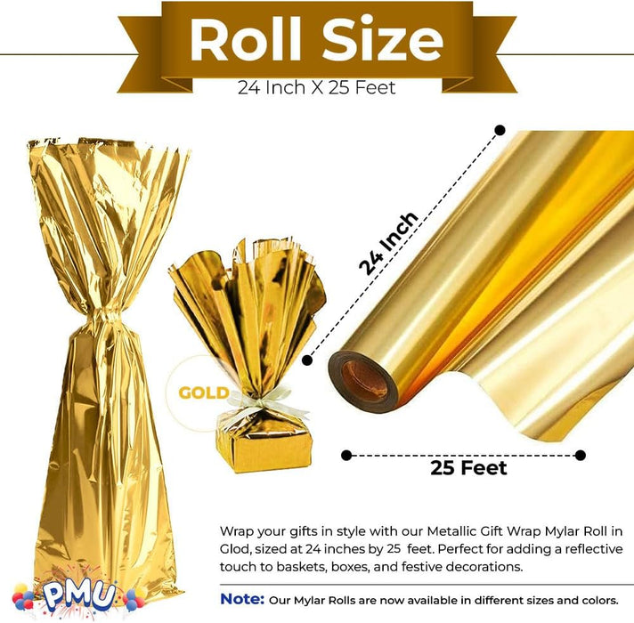 PMU Gift Wrap Mylar Roll - Highly Reflective Metallic Foil Paper - Perfect Wrapping Paper for Gifts, Baskets, Wedding, Birthday, Christmas, Arts & Crafts, Balloon Weights