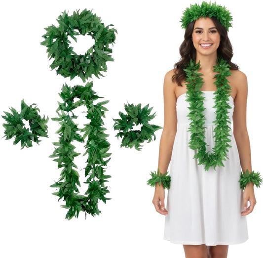 PMU Luau Tropical Fern Leaf Lei Set 4 Pcs Green – Hawaiian Party Costume Accessory with Headpiece, Necklace & Wrist Garlands, Jungle Beach Tiki Luau Wearable Decor for Summer & Fancy Dress