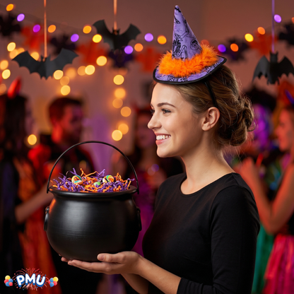PMU 2 Pc Halloween Witch Cauldron Set – 8 Inch Black Cauldron Bowl & Witch Hat for Halloween Party Decorations, Tabletop & Home Décor