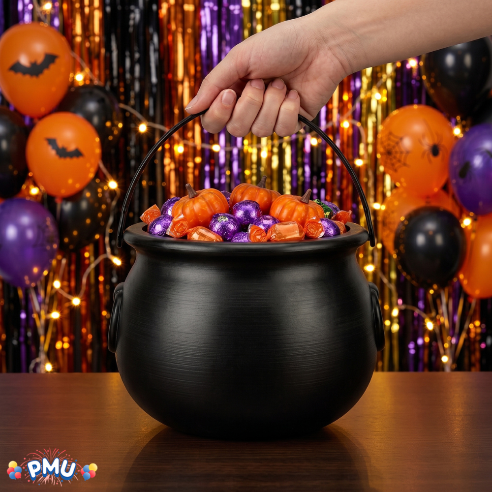 PMU 2 Pc Halloween Witch Cauldron Set – 8 Inch Black Cauldron Bowl & Witch Hat for Halloween Party Decorations, Tabletop & Home Décor