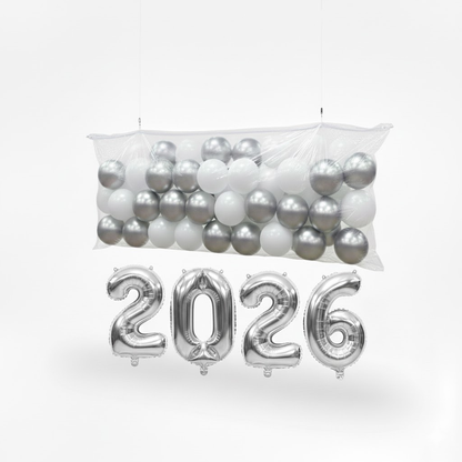 PMU New Year's Eve Party Balloon Drop Kit (100pcs Assorted 9in and 5in Balloons with Hand Pump) 4pcs "2026" 40in Gold Mylar Balloons 1 Set Assortment