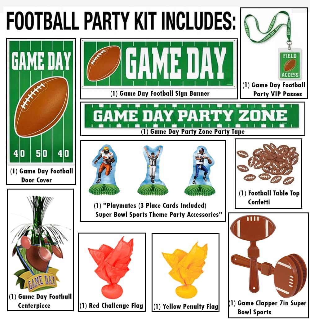 PMU 12 Pcs Football Party Decorations Kit with Centerpiece, Door Cover, Banner, Red & Yellow Flags for Super Game Bowl Party Decoration