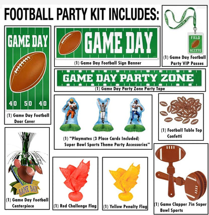 PMU 12 Pcs Football Party Decorations Kit with Centerpiece, Door Cover, Banner, Red & Yellow Flags for Super Game Bowl Party Decoration