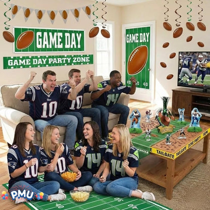PMU 35 Pcs Football Party Decorations Kit Flags, Centerpieces, Banners, Table Runner, Door Cover, Garland & Tailgate Tape for Super Game Bowl Party