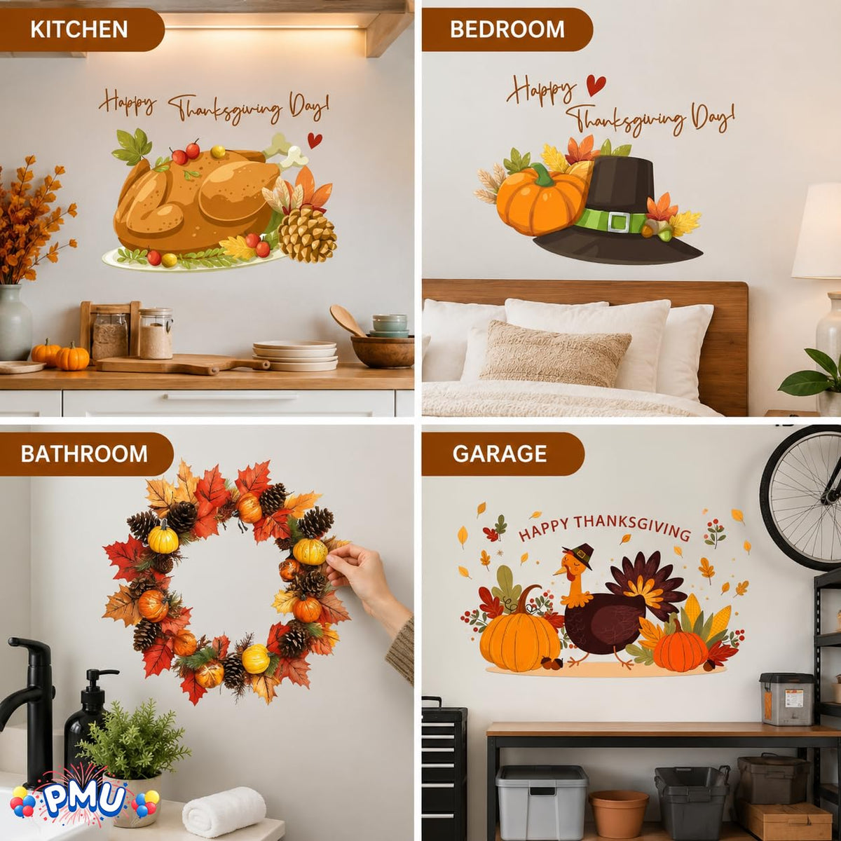 PMU Thanksgiving Wall Stickers, Fall Decals, Harvest Wall Decor