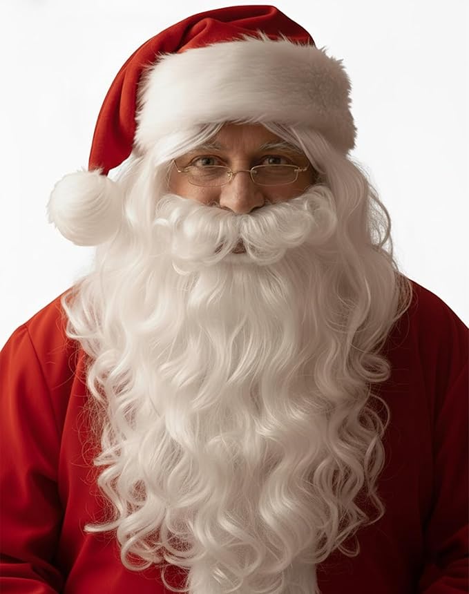 PMU Santa Wig Beard Sets Mens - Christmas Costume Accessories - Wig & Beard for Christmas Costumes, Plays, Festivals, Photo Shoots, Professional Quality- Props & Party Supplies - White Pkg/1