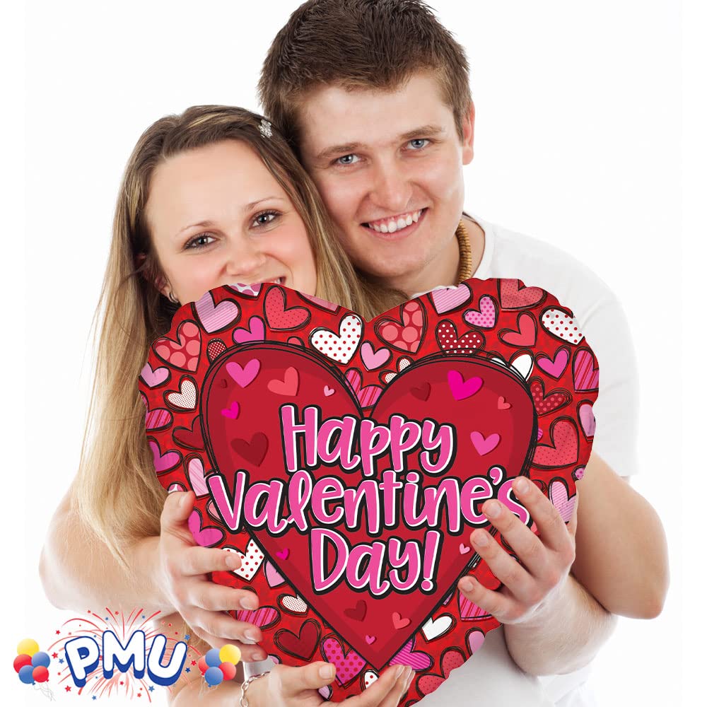 PMU Heart Shaped Happy Valentine's Day Balloons 18-Inch Mylar Idea Gift for Him or Her & Valentine Party Decorations