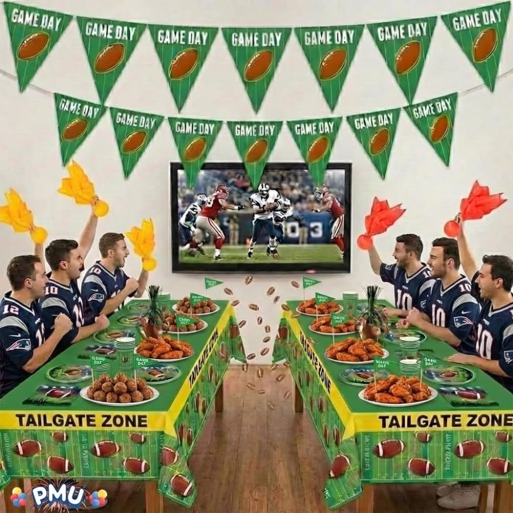 PMU 112 Pcs Football Party Decorations Kit with Plates, Napkins, Cups, Football Centerpiece, Penalty Flag, Banner, Tailgate Zone Tape, Confetti & Tablecloths for Super Game Bowl Party Decoration