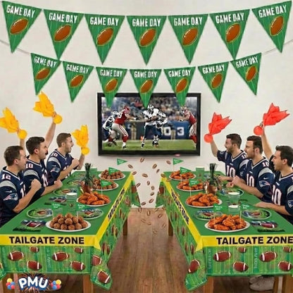 PMU 112 Pcs Football Party Decorations Kit with Plates, Napkins, Cups, Football Centerpiece, Penalty Flag, Banner, Tailgate Zone Tape, Confetti & Tablecloths for Super Game Bowl Party Decoration