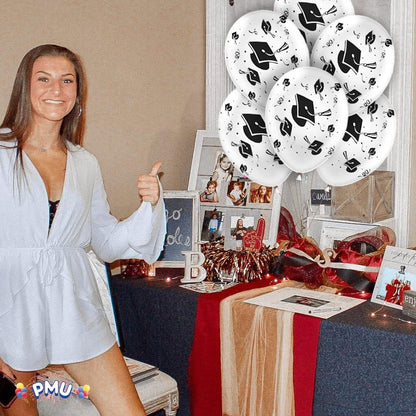 PMU Graduation Balloons | Premium Congrats Grad Balloon with All-Over Print Grad Caps-Confetti and Streamers | Graduation Party Supplies & Decorations | Latex Balloons