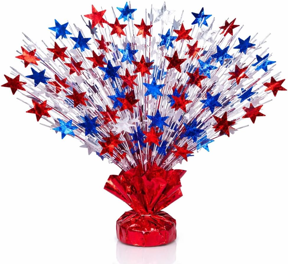 PMU Star Metallic Foil Spray Centerpiece Red White & Blue Patriotic Balloon Weights, 4th of July Decorations 15in / 7.34cm