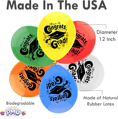 PMU Graduation Balloons | Premium Congrats Grad Balloon with All-Over Print Grad Caps-Confetti and Streamers | Graduation Party Supplies & Decorations | Latex Balloons