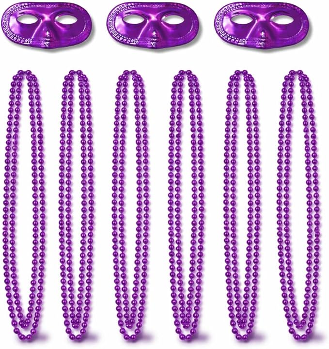 PMU 15-Pc Metallic Mardi Gras Costume Set – 3 Masks & 12 Beads for Men and Women