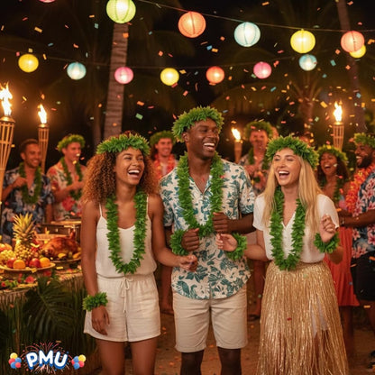 PMU Luau Tropical Fern Leaf Lei Set 4 Pcs Green – Hawaiian Party Costume Accessory with Headpiece, Necklace & Wrist Garlands, Jungle Beach Tiki Luau Wearable Decor for Summer & Fancy Dress