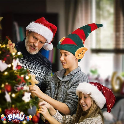 PMU Pc Christmas Elf Hat with Ears Felt Red/Green Stripes - Christmas Elf Outfit, Ugly Xmas Party Headwear
