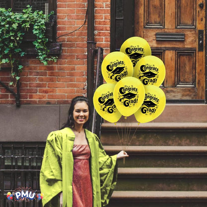 PMU Graduation Balloons | Premium Congrats Grad Balloon with All-Over Print Grad Caps-Confetti and Streamers | Graduation Party Supplies & Decorations | Latex Balloons