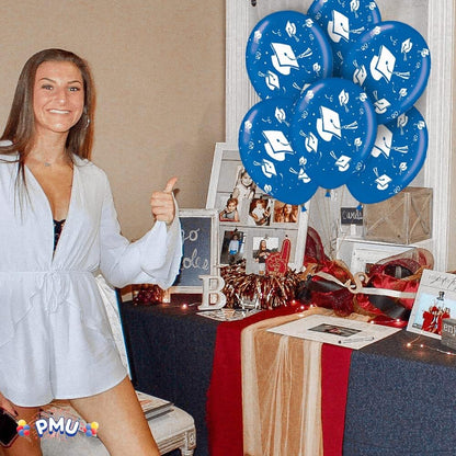 PMU Graduation Balloons | Premium Congrats Grad Balloon with All-Over Print Grad Caps-Confetti and Streamers | Graduation Party Supplies & Decorations | Latex Balloons