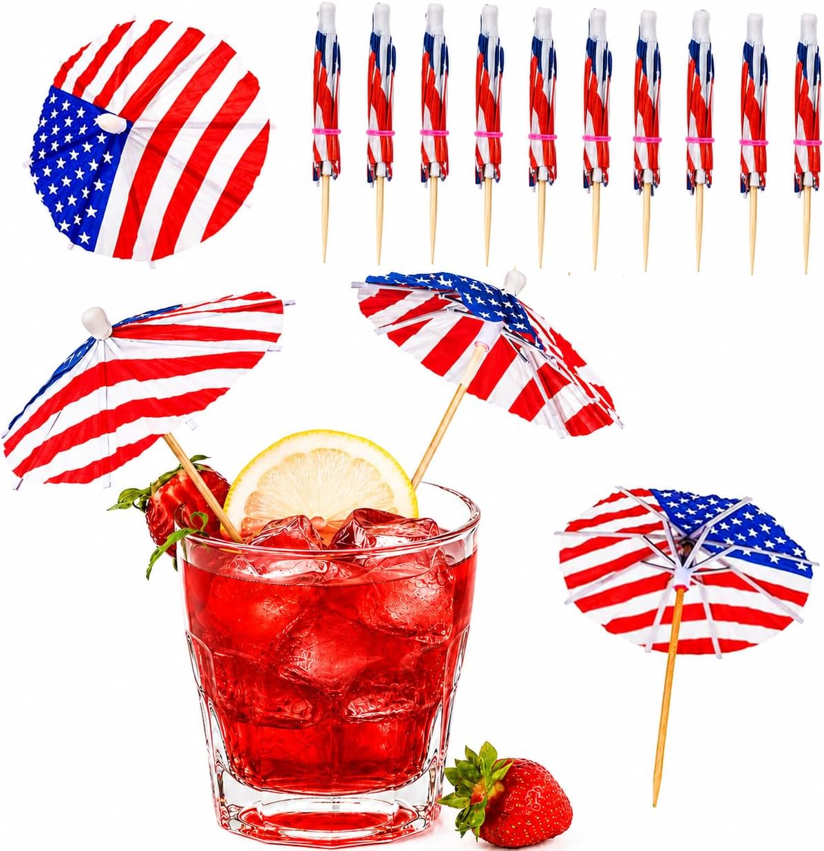 PMU Patriotic American Flag Party Picks & Drink Umbrellas – 4th of July Cupcake Toppers, Toothpick Flags, Cocktail Picks & Memorial Day Party Decorations