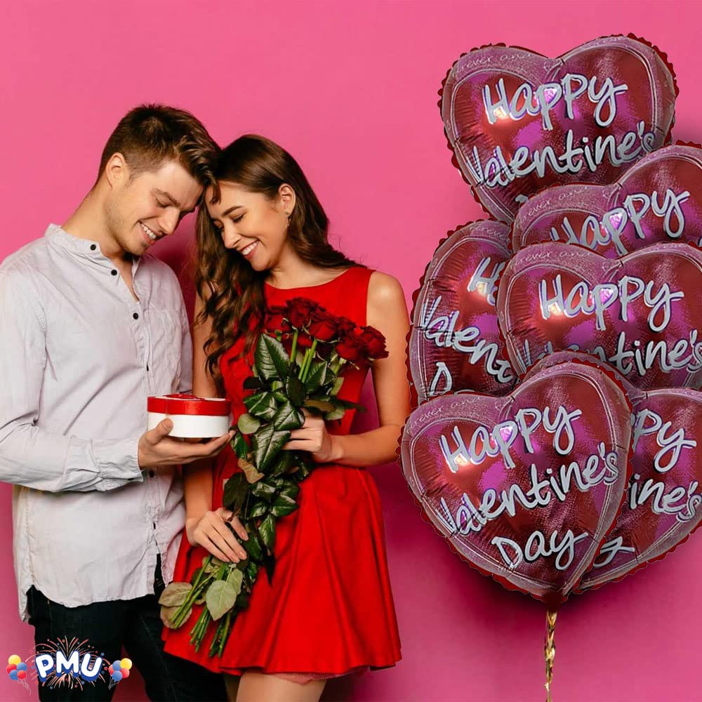 PMU Heart Shaped Happy Valentine's Day Balloons 18-Inch Mylar Idea Gift for Him or Her & Valentine Party Decorations