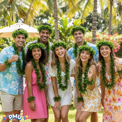PMU Luau Tropical Fern Leaf Lei Set 4 Pcs Green – Hawaiian Party Costume Accessory with Headpiece, Necklace & Wrist Garlands, Jungle Beach Tiki Luau Wearable Decor for Summer & Fancy Dress