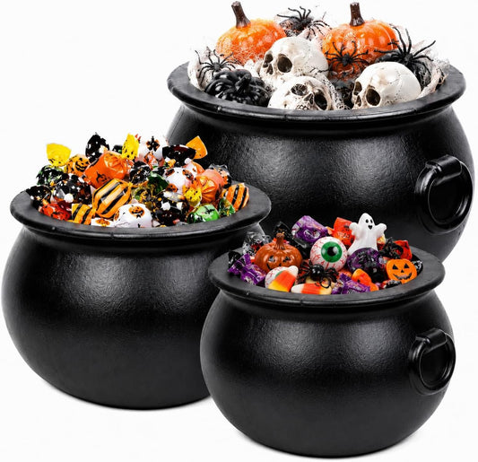 PMU 3 Pcs Halloween Large Cauldron Multipack Assortment (1) 18in, (1) 16in and (1) 12in Trick or Treat Blow Mold Black Plastic Cauldron for Home Decoration and Halloween Party Favors