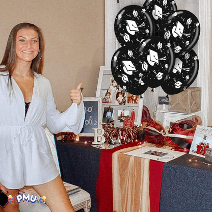 PMU Graduation Balloons | Premium Congrats Grad Balloon with All-Over Print Grad Caps-Confetti and Streamers | Graduation Party Supplies & Decorations | Latex Balloons