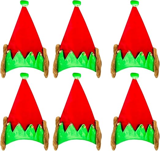 PMU Christmas Velvet Elf Hat w/Bells and Fur Ears Red and Green Hats for Adults, Kids, Caps Costume, Party Accessories