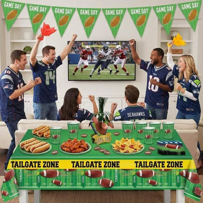 PMU 39 Pcs Football Party Decorations Kit with Plates, Napkins, Cups, Football Centerpiece, Penalty Flag, Banner, Tailgate Zone Tape, Confetti & Tablecloths for Super Game Bowl Party Decoration