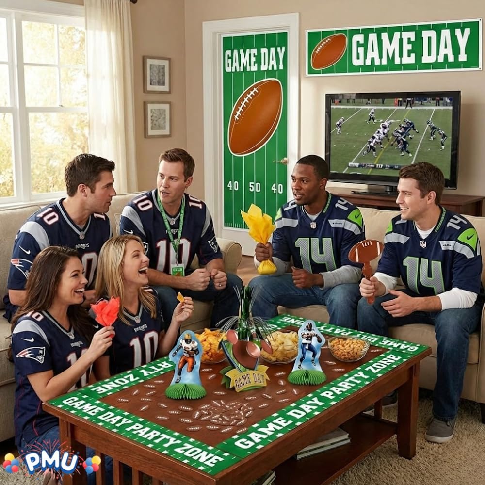 PMU 12 Pcs Football Party Decorations Kit with Centerpiece, Door Cover, Banner, Red & Yellow Flags for Super Game Bowl Party Decoration