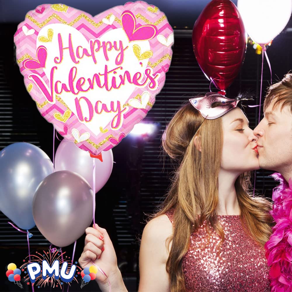 PMU Heart Shaped Happy Valentine's Day Balloons 18-Inch Mylar Idea Gift for Him or Her & Valentine Party Decorations