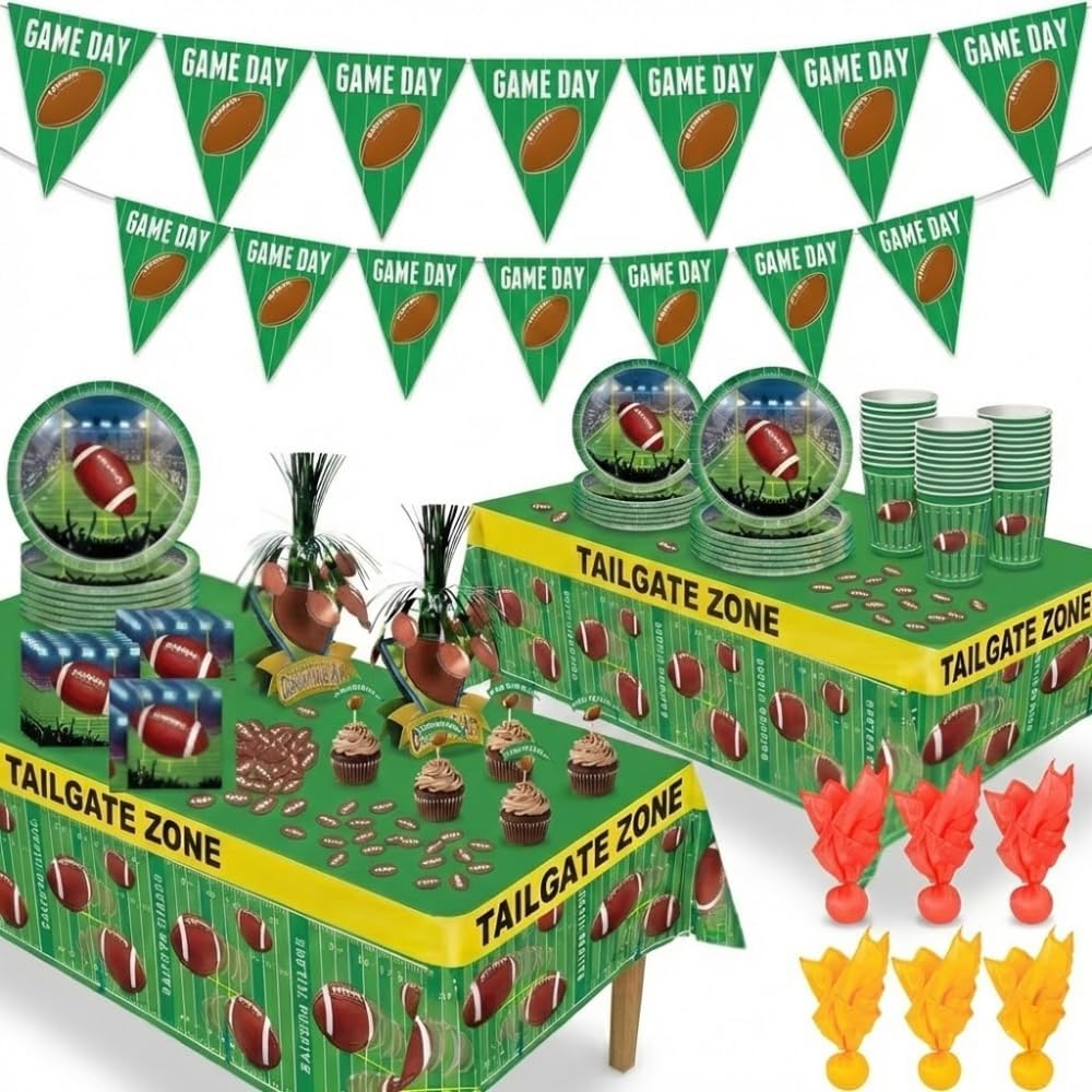 PMU 112 Pcs Football Party Decorations Kit with Plates, Napkins, Cups, Football Centerpiece, Penalty Flag, Banner, Tailgate Zone Tape, Confetti & Tablecloths for Super Game Bowl Party Decoration