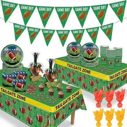 PMU 112 Pcs Football Party Decorations Kit with Plates, Napkins, Cups, Football Centerpiece, Penalty Flag, Banner, Tailgate Zone Tape, Confetti & Tablecloths for Super Game Bowl Party Decoration