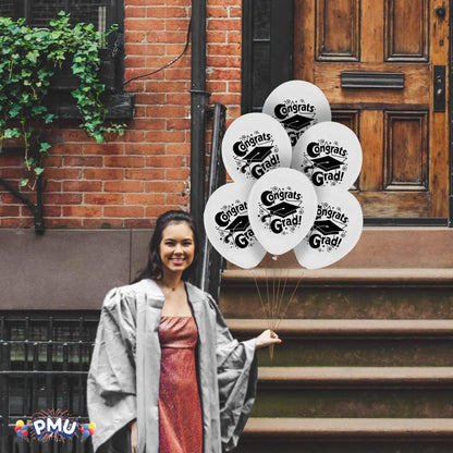 PMU Graduation Balloons | Premium Congrats Grad Balloon with All-Over Print Grad Caps-Confetti and Streamers | Graduation Party Supplies & Decorations | Latex Balloons