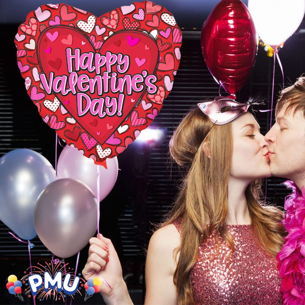 PMU Heart Shaped Happy Valentine's Day Balloons 18-Inch Mylar Idea Gift for Him or Her & Valentine Party Decorations