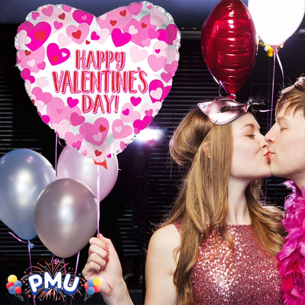 PMU Heart Shaped Happy Valentine's Day Balloons 18-Inch Mylar Idea Gift for Him or Her & Valentine Party Decorations