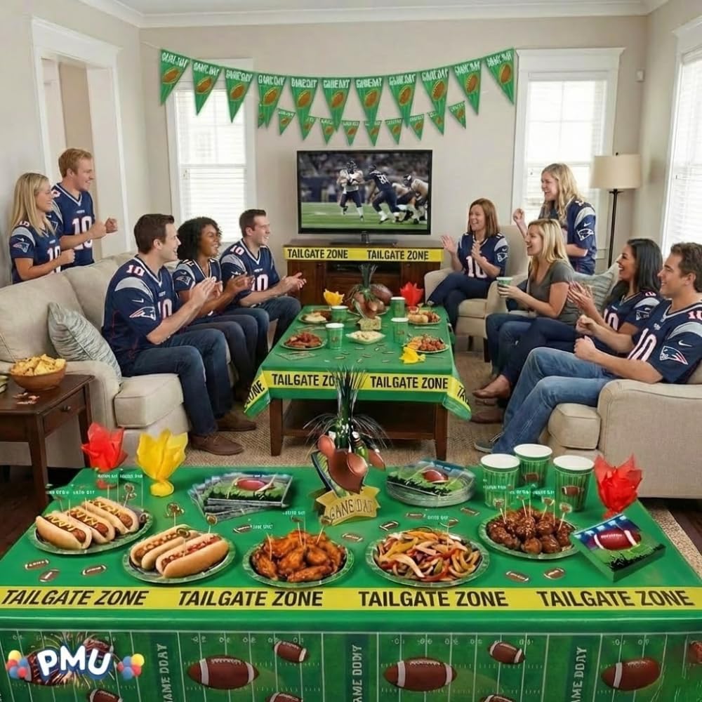 PMU 112 Pcs Football Party Decorations Kit with Plates, Napkins, Cups, Football Centerpiece, Penalty Flag, Banner, Tailgate Zone Tape, Confetti & Tablecloths for Super Game Bowl Party Decoration